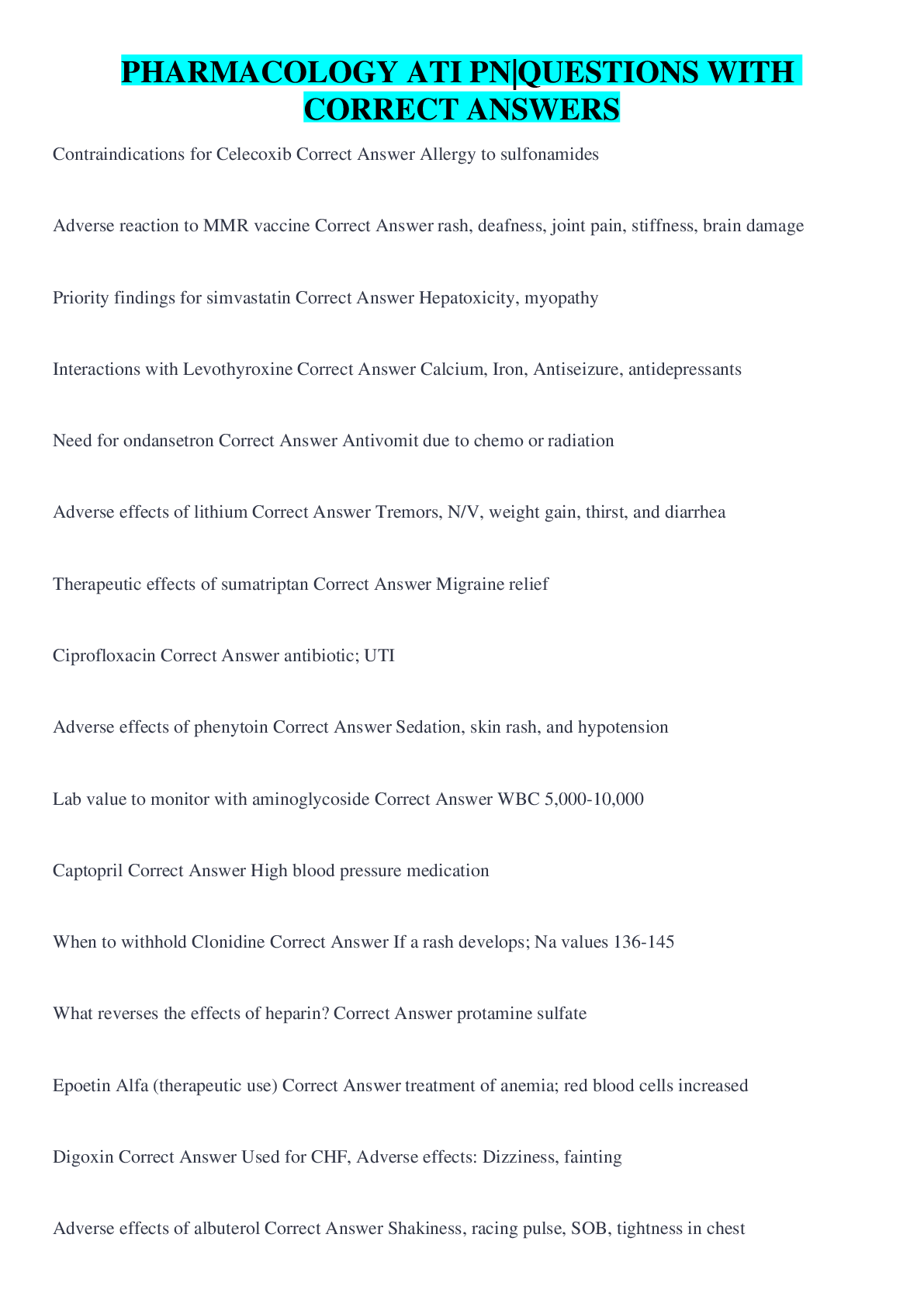 Preview image for PHARMACOLOGY ATI PN|QUESTIONS WITH CORRECT ANSWERS